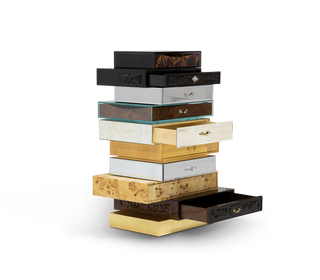 Luxury Chest of Drawers with Mixed Wood Finishes, Brass Details & Designer Storage