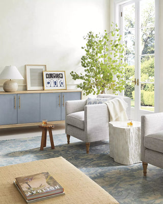 74" Oak Sideboard, Cerused Brass Linen Door Credenza