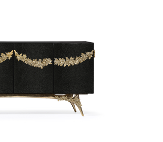 Luxury Walnut Burl Sideboard Buffet Cabinet with Hand-Carved Floral Doors & Storage