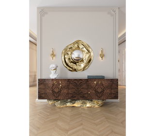 Luxury Gold Buffet Cabinet with Sculptural Metal Base & Hidden Storage