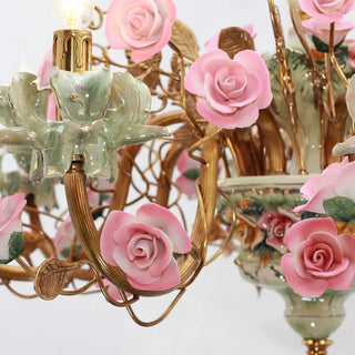 31X24 Inch 6 Lights Brass Chandelier and Green & Pink Porcelain Flower Chandelier