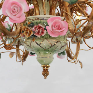 31X24 Inch 6 Lights Brass Chandelier and Green & Pink Porcelain Flower Chandelier