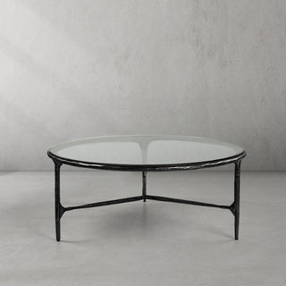 Hand-Forged Metal Glass Round Coffee Table 3 Legs 35"