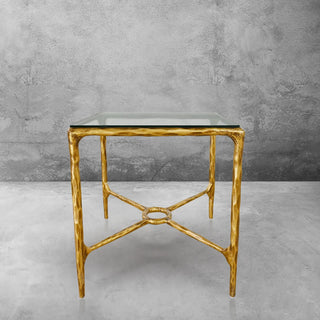 Hand-Forged Metal Glass Square Side Table Overhang O