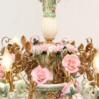 35X24 Inch 8 Lights Brass Chandelier and Green & Pink Porcelain Flower Chandelier