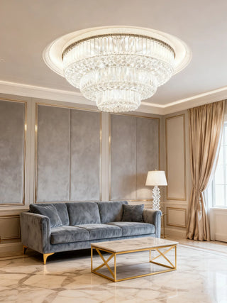 39 Inch Round Crystal Ceiling Light Tiered Flush Mounted Chandelier for Low Ceiling Room