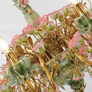 39X28 Inch 10 Lights Brass Chandelier and Green & Pink Porcelain Flower Chandelier