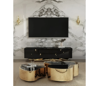 Luxury Black Gold Media Console with Marble Top & Hidden Storage