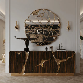 Luxury Black Gold Sideboard Cabinet with Sculptural Cracked Design