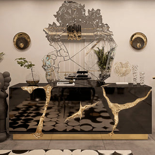 Luxury Black Gold Sideboard Cabinet with Sculptural Cracked Design