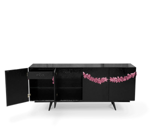 Luxury Black Sideboard Buffet Cabinet with Floral Carved Details & Storage