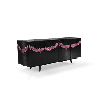 Luxury Black Sideboard Buffet Cabinet with Floral Carved Details & Storage
