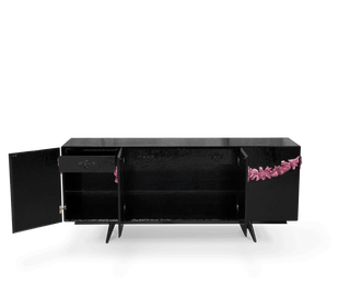 Luxury Black Sideboard Buffet Cabinet with Floral Carved Details & Storage
