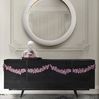 Luxury Black Sideboard Buffet Cabinet with Floral Carved Details & Storage