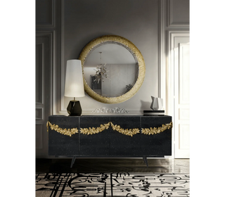 Luxury Black Sideboard Buffet Cabinet with Floral Carved Details & Storage