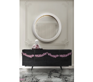 Luxury Black Sideboard Buffet Cabinet with Floral Carved Details & Storage