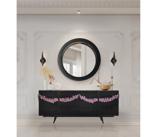 Luxury Black Sideboard Buffet Cabinet with Floral Carved Details & Storage