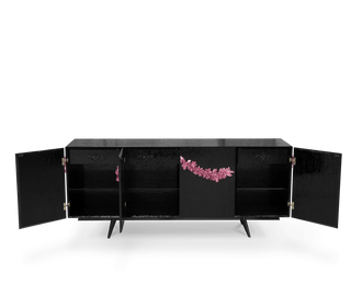 Luxury Black Sideboard Buffet Cabinet with Floral Carved Details & Storage