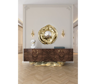Luxury Gold Buffet Cabinet with Sculptural Metal Base & Hidden Storage