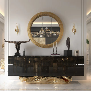 Luxury Gold Buffet Cabinet with Sculptural Metal Base & Hidden Storage