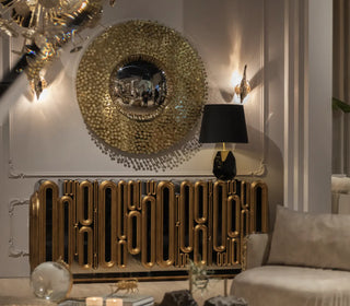 Luxury Gold Sideboard Buffet Cabinet with Sculptural Metal Design & Hidden Storage