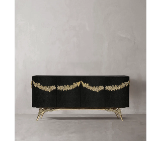Luxury Walnut Burl Sideboard Buffet Cabinet with Hand-Carved Floral Doors & Storage