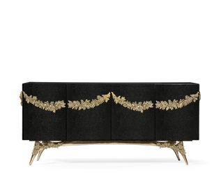 Luxury Walnut Burl Sideboard Buffet Cabinet with Hand-Carved Floral Doors & Storage