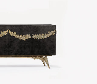 Luxury Walnut Burl Sideboard Buffet Cabinet with Hand-Carved Floral Doors & Storage