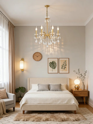 6 Lights Candle Style Brass Chandelier Gold Bedroom Crystal Chandelier
