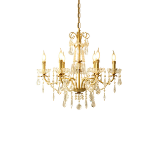 6 Lights Candle Style Small Gold Chandelier Luxury Brass Arm Chandelier with Acrylic Pearl Chains