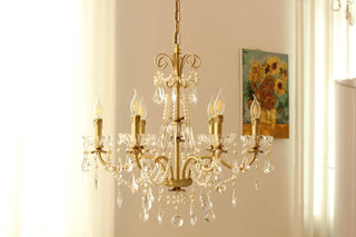 6 Lights Candle Style Small Gold Chandelier Luxury Brass Arm Chandelier with Acrylic Pearl Chains