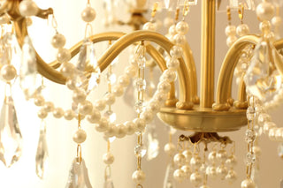 6 Lights Candle Style Small Gold Chandelier Luxury Brass Arm Chandelier with Acrylic Pearl Chains