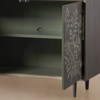 Divya Hand-Inlaid Bone Sideboard - Oak Frame Jasmine Motif Buffet Table for Living Room & Entryways