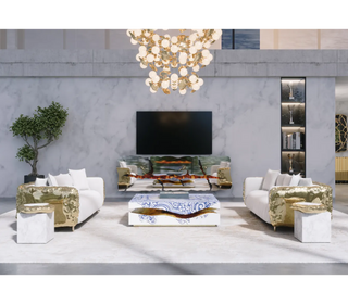 Luxury Carrara Marble Coffee Table with Sculptural Brass Frame & Organic Design