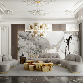 Luxury White Coffee Table with Sculptural Gold Base & Organic Modern Design