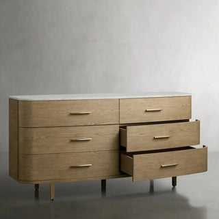 Danny Wood Six-Drawer Dresser with Marble Top Chest Of 6 Drawers Storage Cabinet