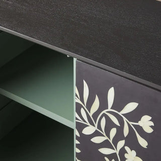 Divya Hand-Inlaid Painted Sideboard – Oak Frame Jasmine Motif Buffet Table for Living Room & Entryways