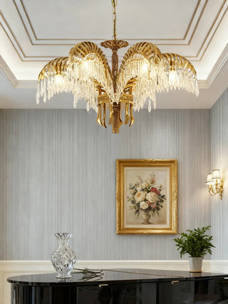 30 Inch Wide 1 Layer Palm Tree Brass and Crystal Chandelier