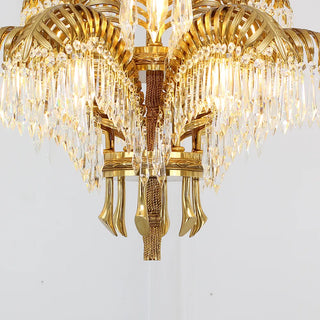 30 Inch Wide 2-Layer Palm Tree Brass and Crystal Chandelier Light
