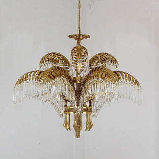 30 Inch Wide 2-Layer Palm Tree Brass and Crystal Chandelier Light