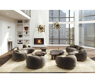 Luxury Curved Sofa with Hand-Hammered Polished Brass Base & Cream Upholstery Design
