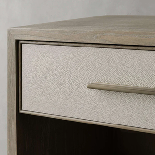 Artisan Wood Nightstand Shagreen Leather Accent – Modern Bedroom Storage Table