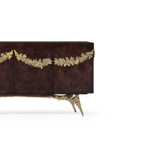 Luxury Walnut Burl Sideboard Buffet Cabinet with Hand-Carved Floral Doors & Storage