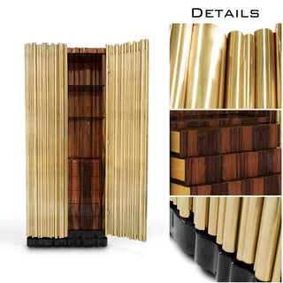 Luxury Curio Cabinet with Brass Tube Design, Glass Shelves & Hidden Storage