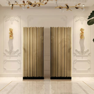 Luxury Curio Cabinet with Brass Tube Design, Glass Shelves & Hidden Storage