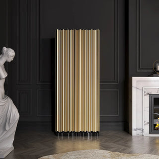 Luxury Curio Cabinet with Brass Tube Design, Glass Shelves & Hidden Storage