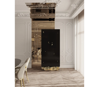 Luxury Marble Curio Cabinet with Brass Base, Glass Display Shelves & Hidden Storage