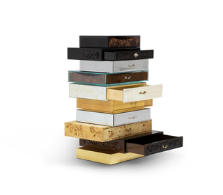 Luxury Chest of Drawers with Mixed Wood Finishes, Brass Details & Designer Storage