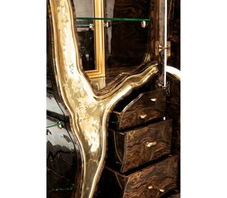 Luxury Walnut Display Cabinet with Sculptural Brass Accents & Hidden Storage