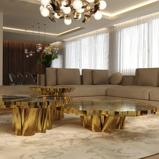 Luxury Patina Brass Coffee Table Set with Round Tiered Tops & Statement Design